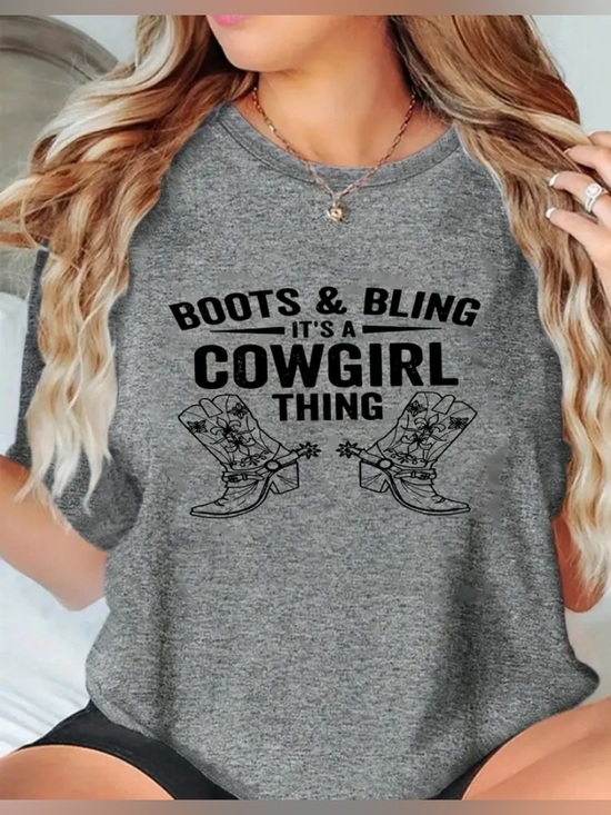 None Tops - WESTERN Gray Graphic Print Short Sleeve Tee Shirt Boots and Bling